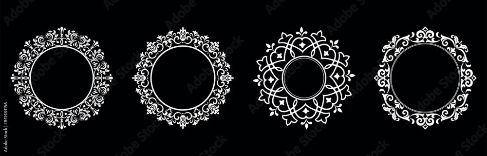 Fototapeta premium Set of decorative frames Elegant vector element for design in Eastern style, place for text. Floral black and white borders. Lace illustration for invitations and greeting cards.