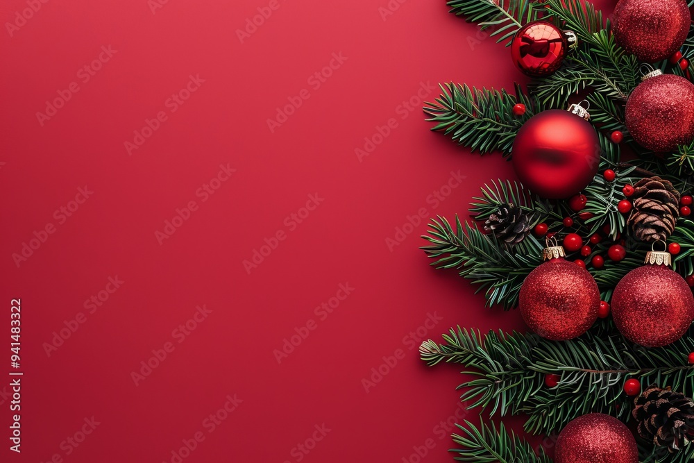 Embrace the Christmas spirit with a festive theme featuring pine branches, red baubles, berries, and pine cones on a beautiful crimson background. Ideal for holiday design projects Embrace the Christmas spirit with a festive theme featuring pine branches, red baubles, berries, and pine cones on a beautiful crimson background. Ideal for holiday design projects