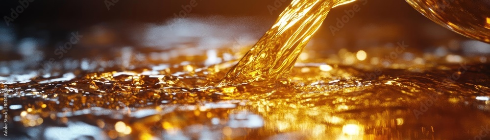 A close-up image of liquid pouring, capturing the smooth flow and shimmering surface with warm tones and reflections. A close-up image of liquid pouring, capturing the smooth flow and shimmering surface with warm tones and reflections.