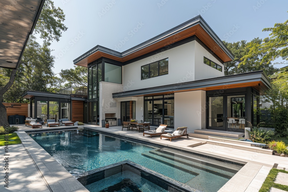 Front porch with wood deck and view of backyard garden, grey modern home with oversized sliding door, small pond, and wooden chairs in Seattle. Front porch with wood deck and view of backyard garden, grey modern home with oversized sliding door, small pond, and wooden chairs in Seattle.