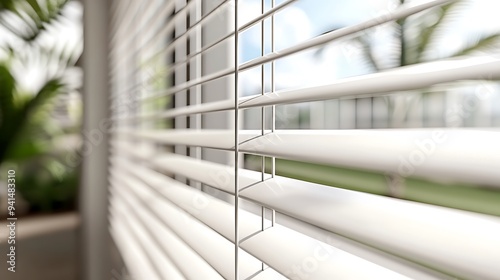 White window blinds partially open, showing blurred greenery outside.