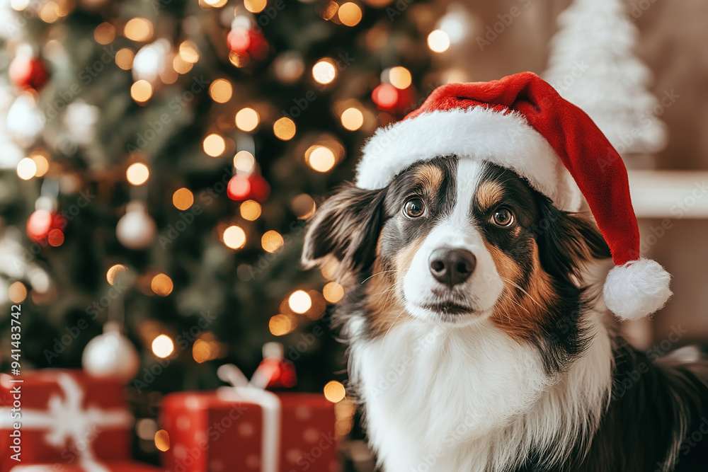 A dog with a cute look in a Christmas hat near the Christmas tree A dog with a cute look in a Christmas hat near the Christmas tree