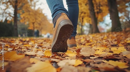 Close-up of a person walking on fallen autumn leaves in a park. AI generated image photo