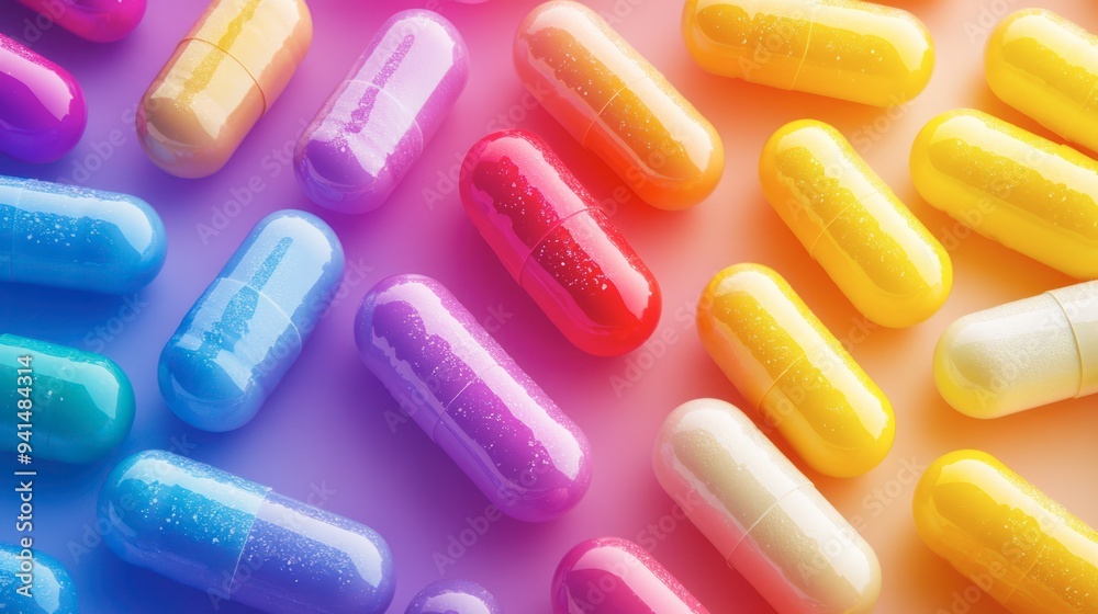 Colorful capsules arranged in a vibrant pattern on a soft background Colorful capsules arranged in a vibrant pattern on a soft background