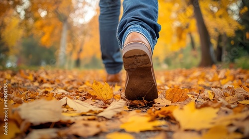 Close-up of a person walking on fallen autumn leaves in a park. AI generated image