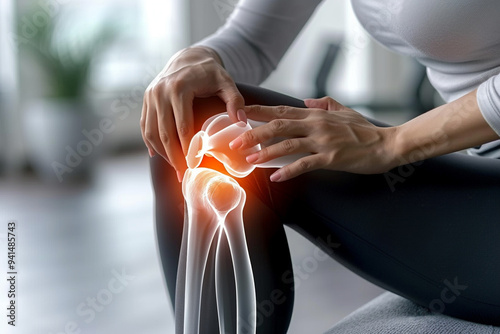 Close up of person touching knee at pain point. man's painful knee. Tendon problems, Joint inflammation. Joint pain, Arthritis and tendon problems. Medicine and sport injuries health concept.