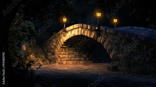 A night shot of a stone bridge illuminated by streetlights, with strong shadows contrasting against the warm glow of the lights on the stone.