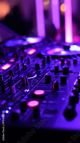 Club DJ mixer tech sound technician neon lights vibrant nightclub scene music party event hire service entertainment audio equipment banner copy space background music visual setup live performance