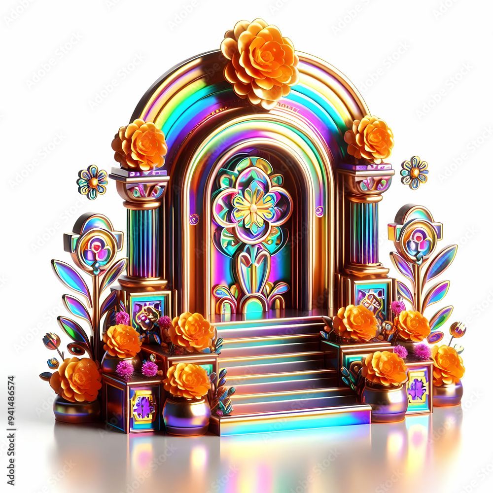 3D Glossy Altar with Holographic Marigold Petals concept as Horizontal shot of a glossy altar decorated with holographic marigold petals isolated on a white background providing a vibrant and festive 3D Glossy Altar with Holographic Marigold Petals concept as Horizontal shot of a glossy altar decorated with holographic marigold petals isolated on a white background providing a vibrant and festive