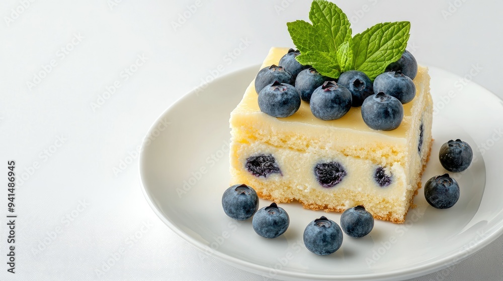 A piece of bird's milk cake topped with blueberries and mint, placed on a simple white plate, against a seamless white background. A piece of bird's milk cake topped with blueberries and mint, placed on a simple white plate, against a seamless white background.