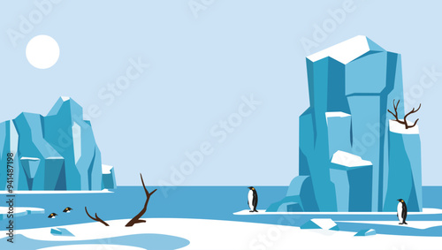 illustration of a natural landscape of the north pole, a wild area of ​​ice land with penguins and glaciers