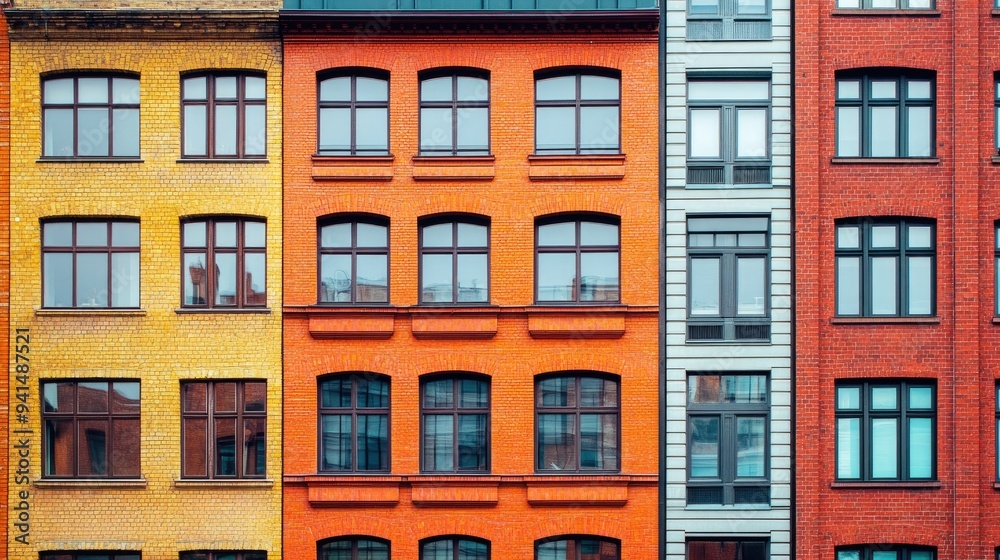 A red brick urban facade with modern windows, blending the old and new elements of city architecture, in a vibrant city neighborhood. A red brick urban facade with modern windows, blending the old and new elements of city architecture, in a vibrant city neighborhood.