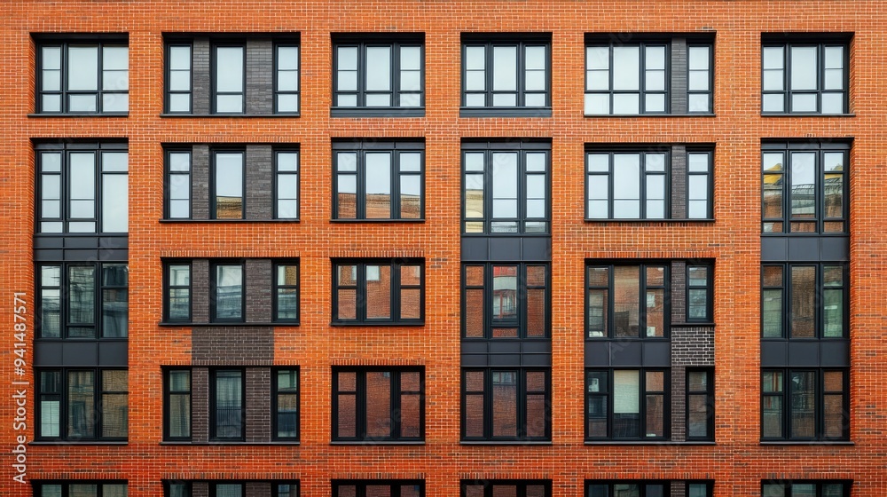 A red brick urban facade with modern windows, blending the old and new elements of city architecture, in a vibrant city neighborhood. A red brick urban facade with modern windows, blending the old and new elements of city architecture, in a vibrant city neighborhood.