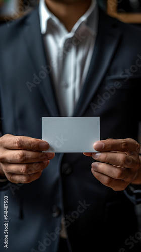 businessman holding blank card