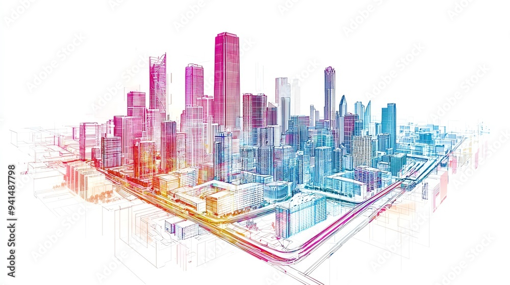 Abstract cityscape illustration with vibrant colors and a futuristic feel. Skyscrapers and roads in a colorful sketch style. Abstract cityscape illustration with vibrant colors and a futuristic feel. Skyscrapers and roads in a colorful sketch style.