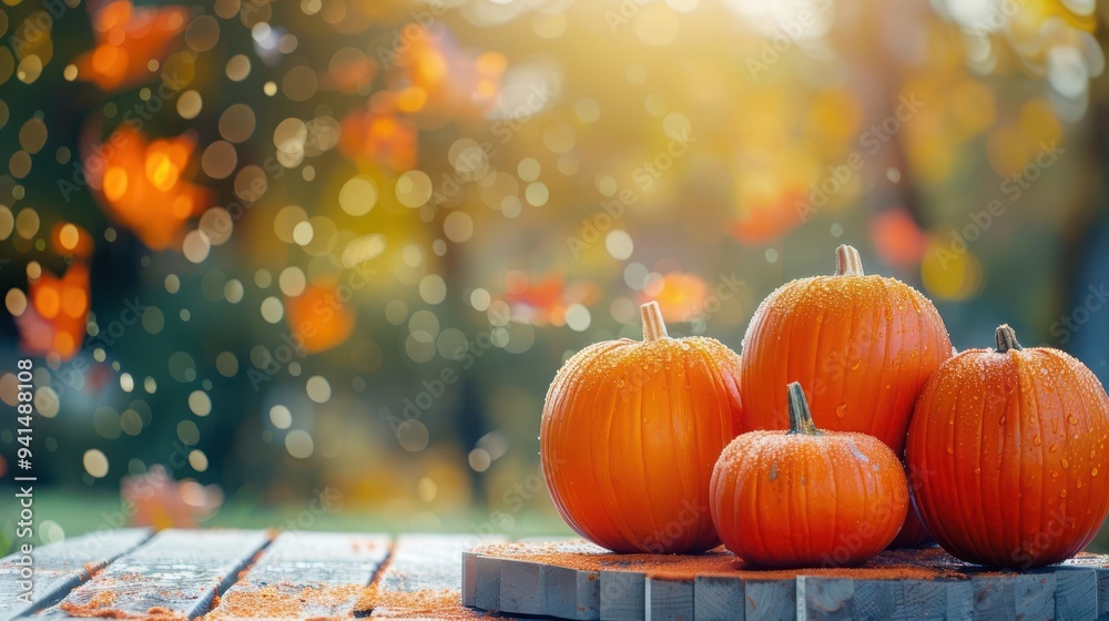 A group of pumpkins on a wooden table with a blurred background of autumn leaves. A group of pumpkins on a wooden table with a blurred background of autumn leaves.