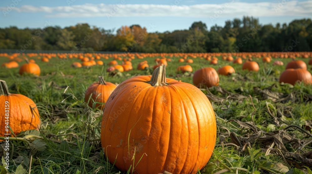 A close-up view of a large orange pumpkin in a field of pumpkins. A close-up view of a large orange pumpkin in a field of pumpkins.