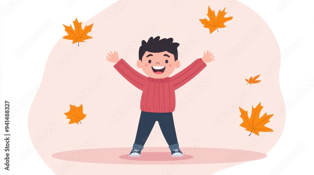 Joyful Child Welcoming Autumn Season with Open Arms and Falling Leaves Joyful Child Welcoming Autumn Season with Open Arms and Falling Leaves