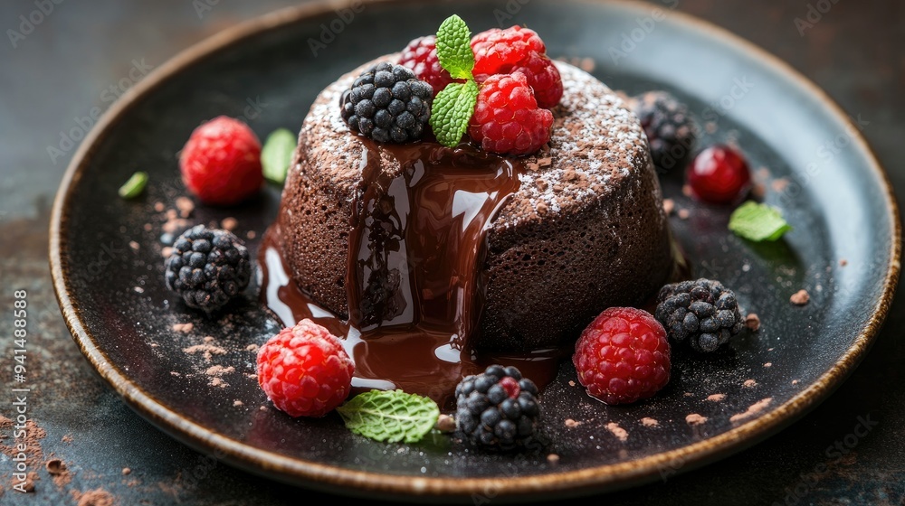 A rich chocolate fondant, oozing chocolate, served with fresh berries and mint leaves, close-up on a plate. The perfect indulgence. A rich chocolate fondant, oozing chocolate, served with fresh berries and mint leaves, close-up on a plate. The perfect indulgence.