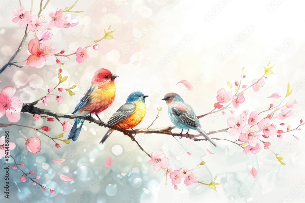 Fototapeta premium Birds sitting together on a tree branch, nature scene