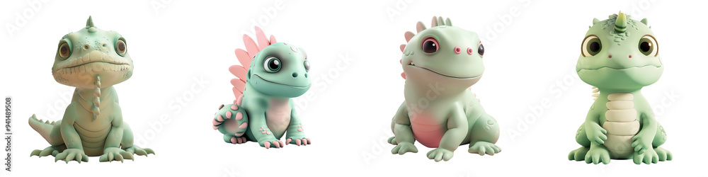 Fototapeta premium Adorable cartoon reptiles displaying various poses and expressions in a colorful, whimsical style, perfect for children's themes.