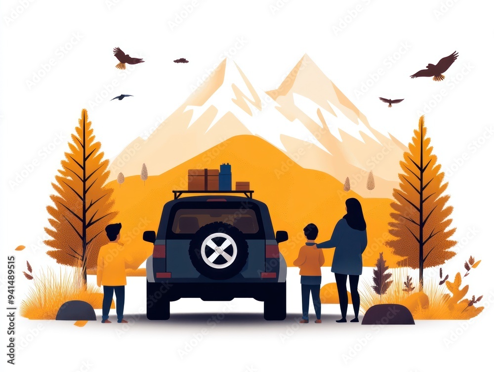 A family unpacking their car at a mountain campsite, surrounded by trees and wildlife