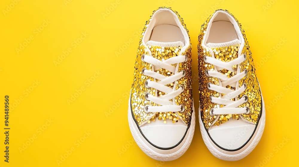 Children's Sneakers with Gold Sequins on a Bright Background: Sparkling and Stylish Footwear for Kids Featuring Shiny Gold Details Children's Sneakers with Gold Sequins on a Bright Background: Sparkling and Stylish Footwear for Kids Featuring Shiny Gold Details