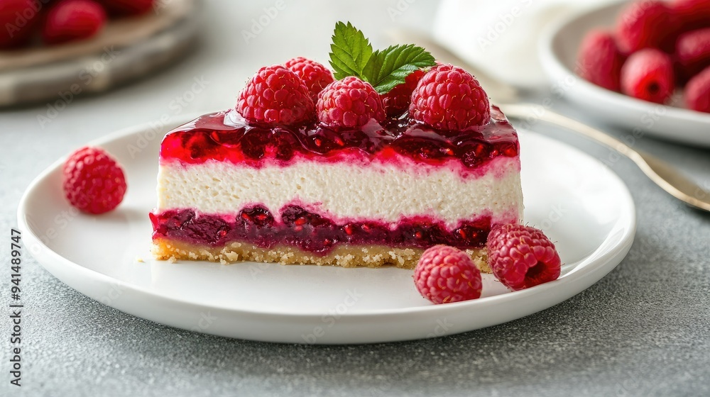A slice of no-bake raspberry cheesecake with a jelly layer, topped with vibrant fresh raspberries and served on a white plate, on a rustic gray concrete table. A slice of no-bake raspberry cheesecake with a jelly layer, topped with vibrant fresh raspberries and served on a white plate, on a rustic gray concrete table.