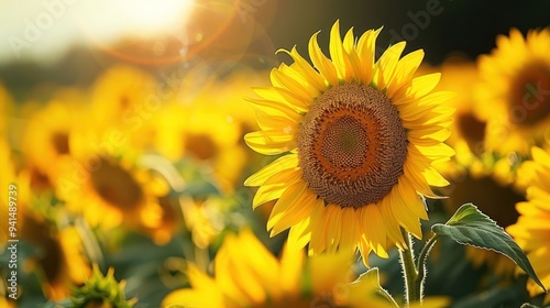 A close-up of a sunflower in a field with a bright sun shining in the background.