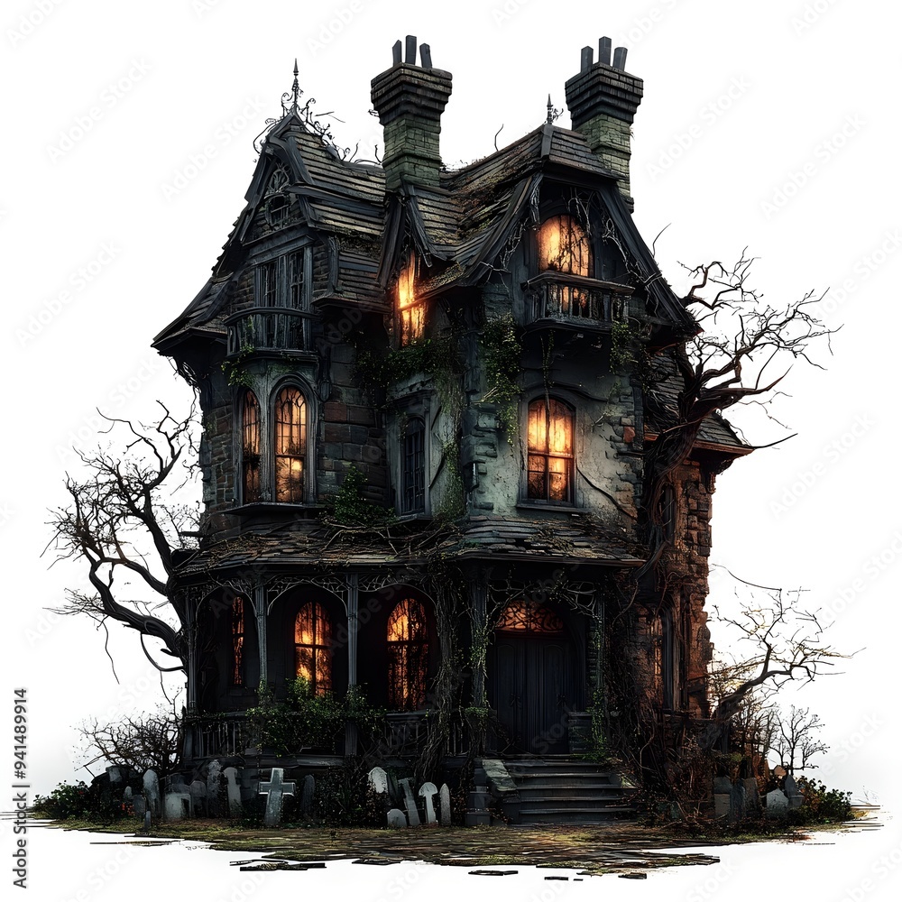 Haunting Gothic Victorian Mansion with Flickering Lights and Ominous Shadows in Graveyard at Midnight Haunting Gothic Victorian Mansion with Flickering Lights and Ominous Shadows in Graveyard at Midnight