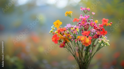 A vibrant bouquet of colorful wildflowers, with a blurred background of a field of wildflowers, creates a picturesque image of nature's beauty.