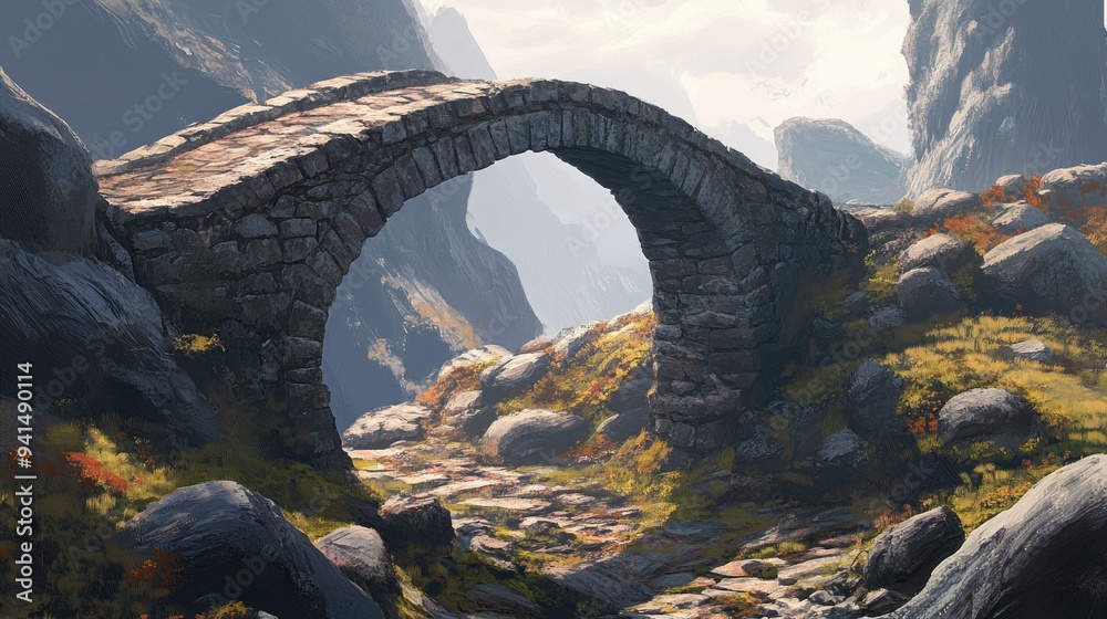 Fototapeta premium A solitary stone bridge in a rocky landscape, with sharp shadows accentuating the rugged textures of the stones and the surrounding terrain.