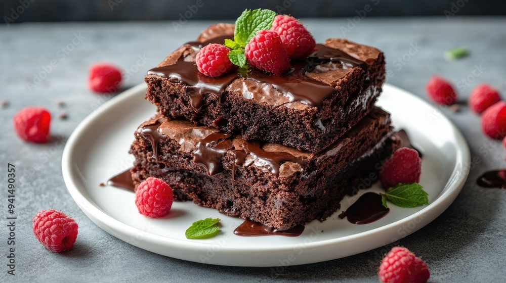 A stack of chocolate brownies with rich glaze, adorned with fresh raspberries and mint leaves, presented on a white plate, against a textured gray concrete background. A stack of chocolate brownies with rich glaze, adorned with fresh raspberries and mint leaves, presented on a white plate, against a textured gray concrete background.