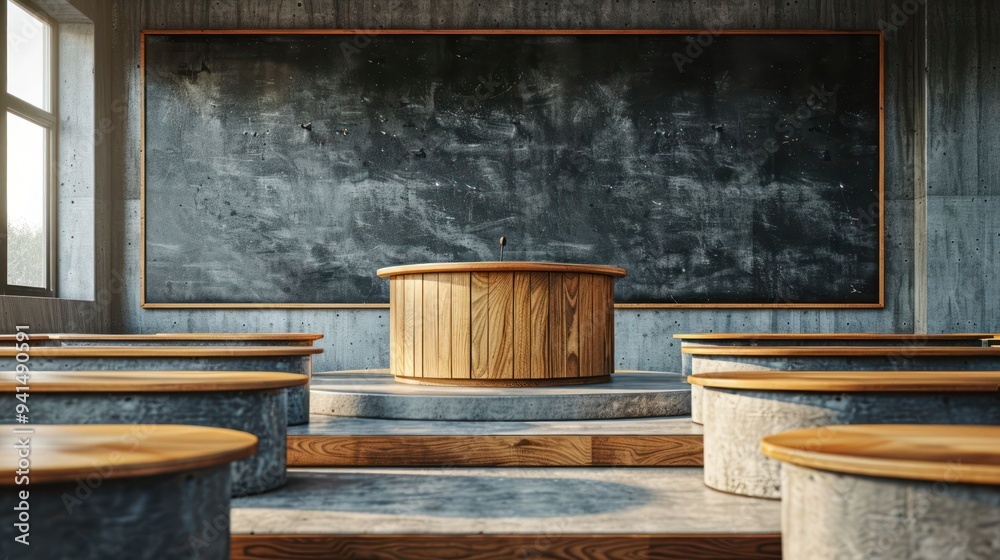 Empty lecture hall with a wooden podium and chalkboard in front of the room. Empty lecture hall with a wooden podium and chalkboard in front of the room.