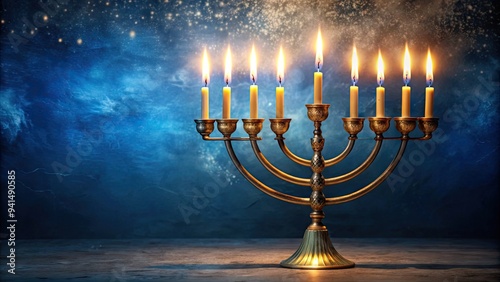 A beautifully lit menorah with nine burning candles and a central shamash, emitting warm, golden light on a tranquil, dark blue background. photo