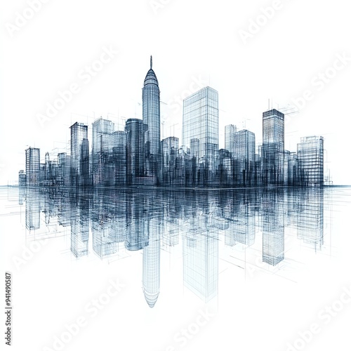 A stylized cityscape with tall buildings reflected in water, isolated on a white background.