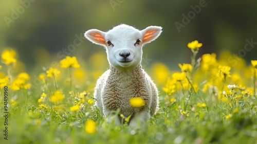 Cute lamb standing in a green field perfect for heartwarming and seasonal photography