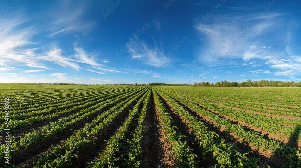 A sweeping shot of a carrot field under a bright blue sky, with endless rows of green tops. Ideal for showcasing the beauty and abundance of nature. A sweeping shot of a carrot field under a bright blue sky, with endless rows of green tops. Ideal for showcasing the beauty and abundance of nature.