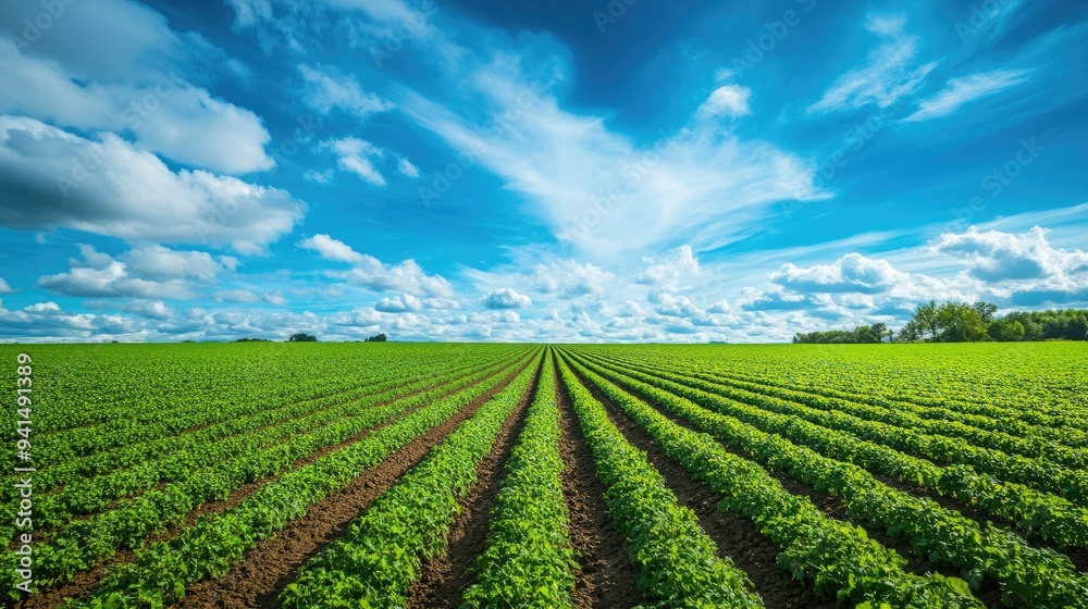 A sweeping shot of a carrot field under a bright blue sky, with endless rows of green tops. Ideal for showcasing the beauty and abundance of nature. A sweeping shot of a carrot field under a bright blue sky, with endless rows of green tops. Ideal for showcasing the beauty and abundance of nature.