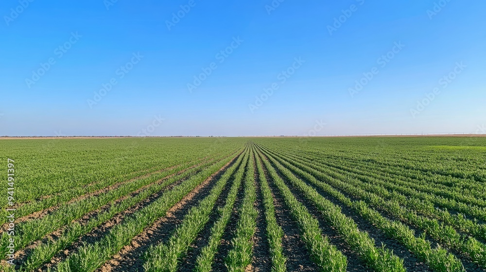 A sweeping view of a carrot field under a clear blue sky, with rows of green carrot tops stretching out into the distance. Ideal for agricultural and nature-focused imagery. A sweeping view of a carrot field under a clear blue sky, with rows of green carrot tops stretching out into the distance. Ideal for agricultural and nature-focused imagery.