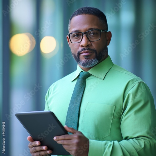 African american male in his 40s in a green shirt and tie on tablet blurred background 