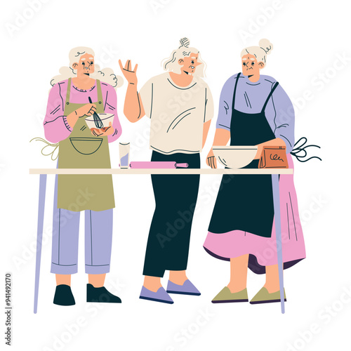 Nursing Home with Retired Woman Character Cooking and Baking Vector Illustration