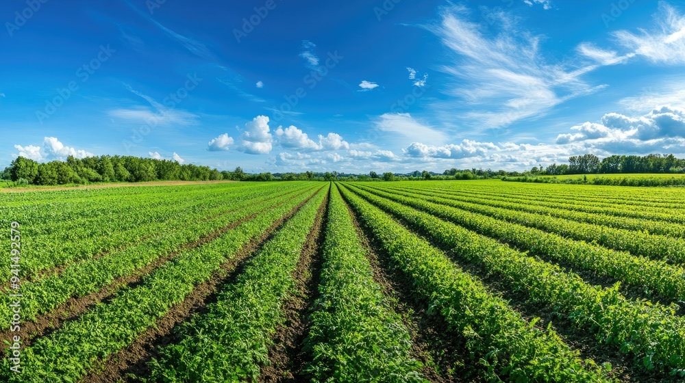 A vast carrot field under a bright blue sky, captured in a wide shot that highlights the green tops and expansive farmland. Ideal for agricultural and nature photography. A vast carrot field under a bright blue sky, captured in a wide shot that highlights the green tops and expansive farmland. Ideal for agricultural and nature photography.