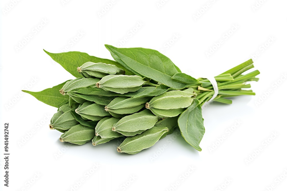 A bundle of green leaves with elongated pods, commonly used in cooking. A bundle of green leaves with elongated pods, commonly used in cooking.