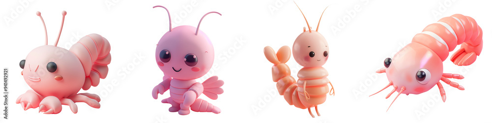 Fototapeta premium Cute and colorful cartoon shrimp characters, perfect for children's illustrations and playful designs.