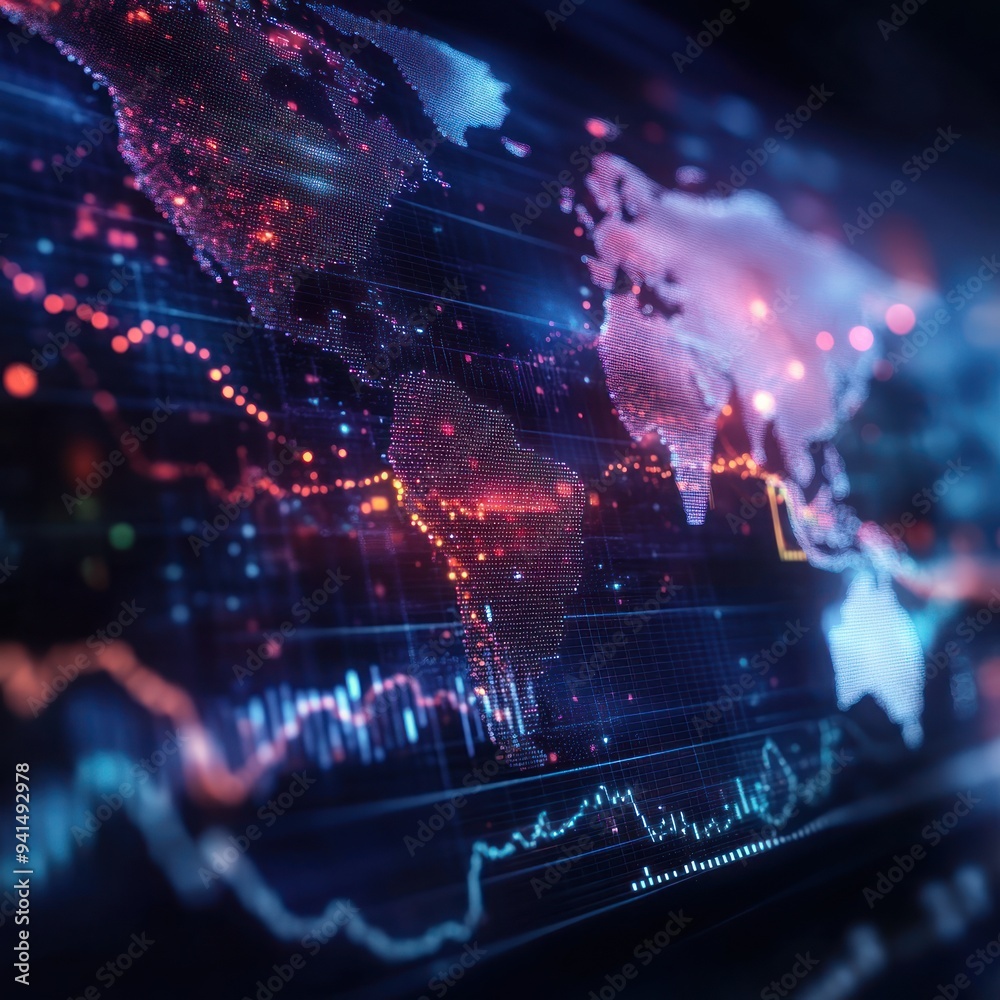 Fototapeta premium A network of digital screens showing live updates from global stock markets