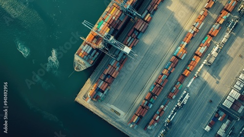 Aerial view of a sprawling port facility with neatly arranged shipping containers and smooth concrete docks