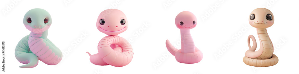 Cute and colorful rubber snake toys displayed in various poses on a white background for playful and whimsical designs. Cute and colorful rubber snake toys displayed in various poses on a white background for playful and whimsical designs.