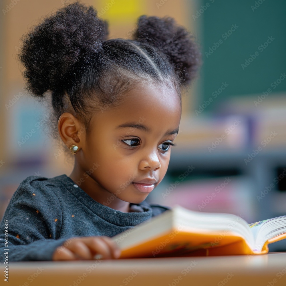 Black child african american girl at school as a student sitting in a classroom reading book focused and looking up and listening attentively at blurred background reading Black child african american girl at school as a student sitting in a classroom reading book focused and looking up and listening attentively at blurred background reading