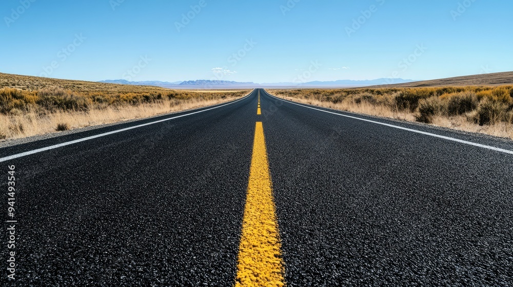 Fototapeta premium A freshly paved asphalt road stretching into the horizon, with clear lane markings and smooth surfaces